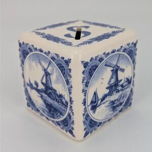 Delft Blue Holland Windmills Cube Bank Ceramic Transferware Coin Storage VTG